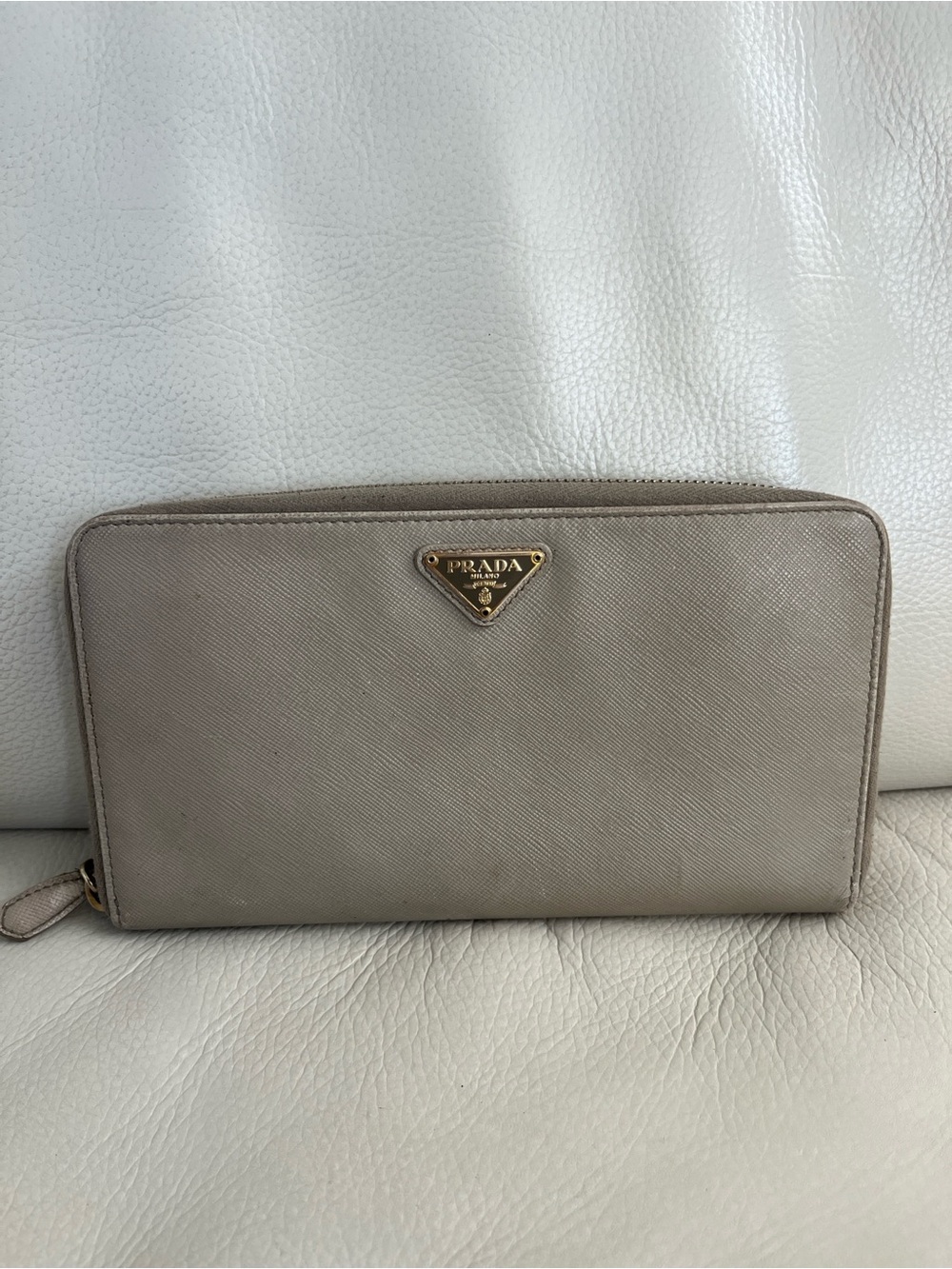 Prada Zip Around Saffiano Leather Organizer / Passport Wallet in Taupe